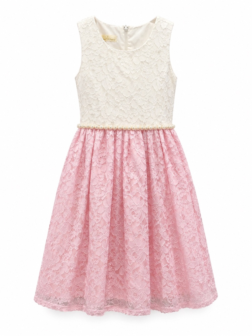American Princess Ivory Lace Bodice with Pink Lace Skirt Pearl-Trim Dress